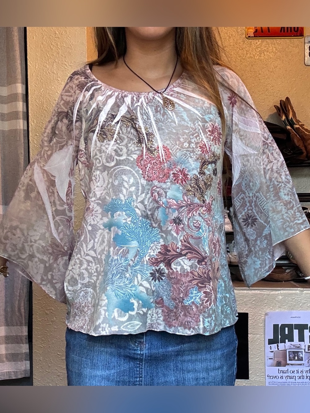 Vintage whimsical chico’s 90s floral Bell-Sleeve Blouse